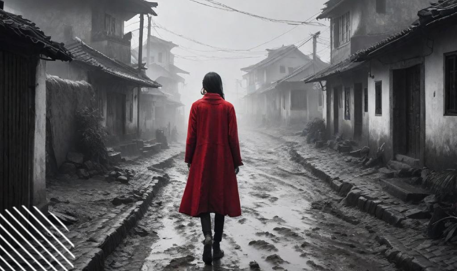 Na foto há uma mulher de blazer vermelho. O blazer chega até a altura dos joelhos e tem mangas compridas. Ela usa uma bota em couro preto de cano alto. A mulher é morena e tem cabelo comprido, mas parte do cabelo está dentro do blazer. A mulher anda numa rua cheia de lama e tanto do lado esquerdo, quanto do lado direito, há casas de madeira abandonadas. O cenário é preto e branco e, ao fundo, há névoa.